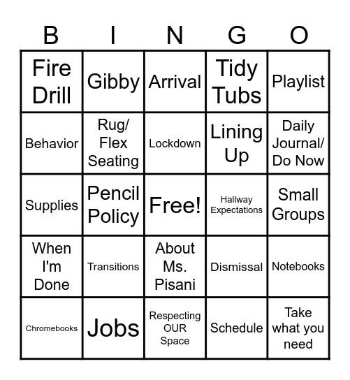 Routines and Expectations Bingo Card
