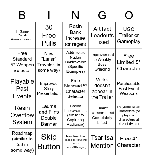 Nod-Krai Livestream Bingo Card