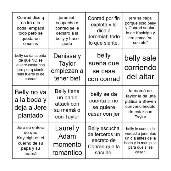 The Summer I Turned Pretty EP8 Bingo Card