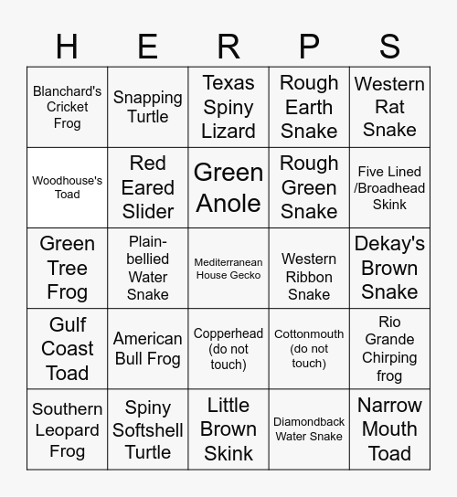 Fall 2025 Herp Bingo Card