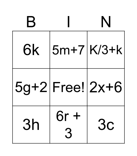 Expresiones Algebraicas Bingo Card