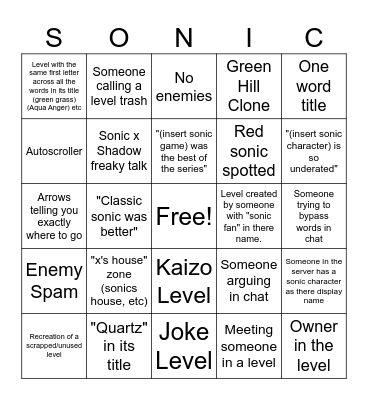Classic Sonic Simulator Bingo Card
