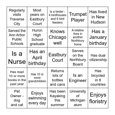 Eastbury Court Bingo Card