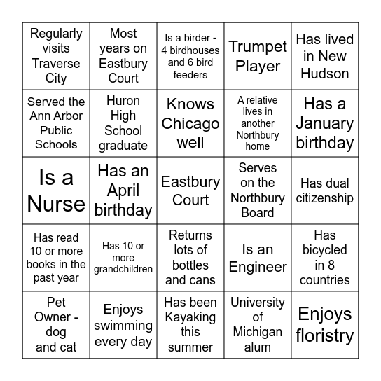 Eastbury Court Bingo Card