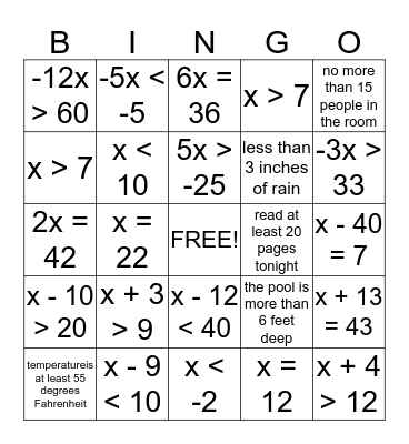 Human Bingo -- Algebra Bingo Card