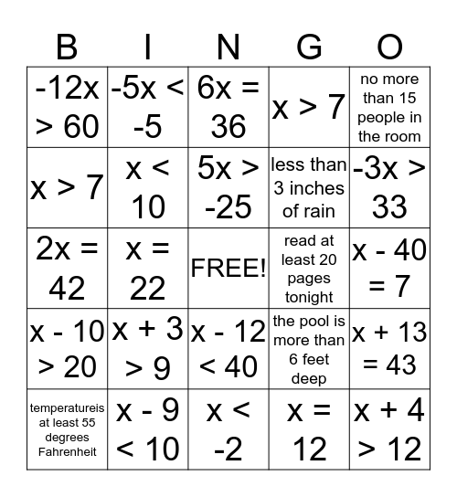 Human Bingo -- Algebra Bingo Card