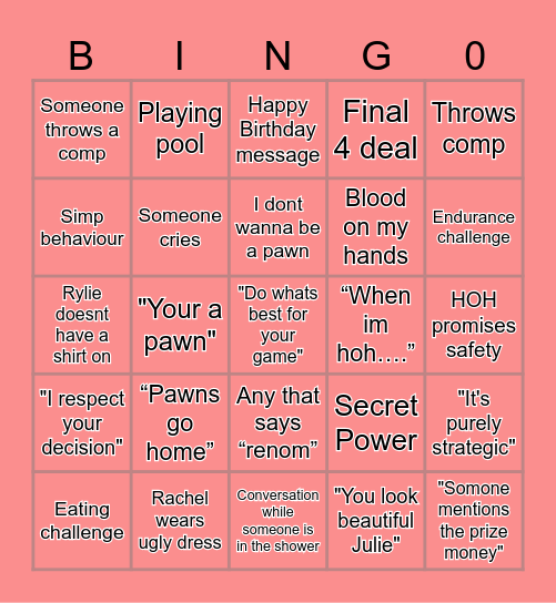 Big Brother Bingo Card