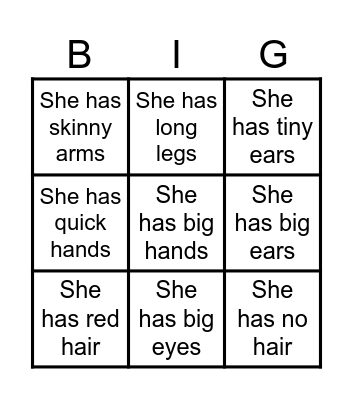 Body parts Bingo Card