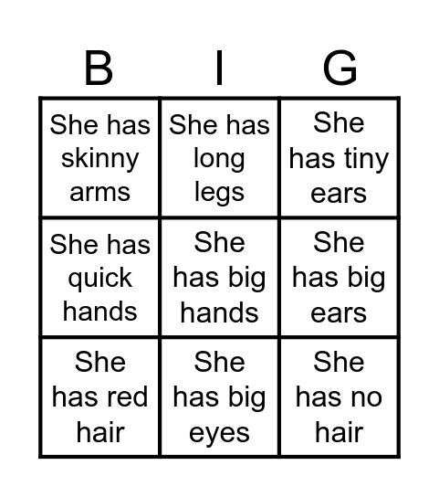 Body parts Bingo Card