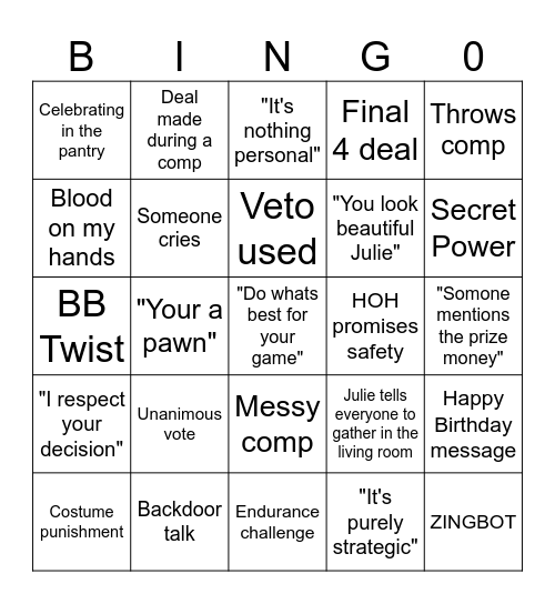 Big Brother Bingo Card
