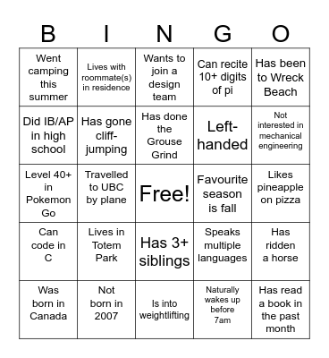 ubc Bingo Card