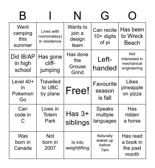 ubc Bingo Card