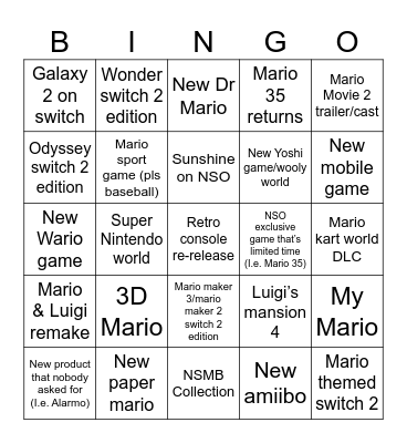 Mario 40th Anniversary Predictions Bingo Card