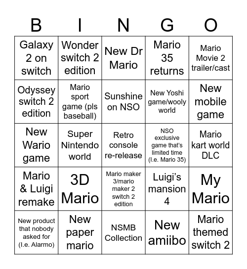 Mario 40th Anniversary Predictions Bingo Card