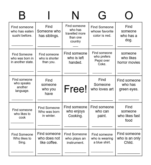 Find Someone Who Bingo Card
