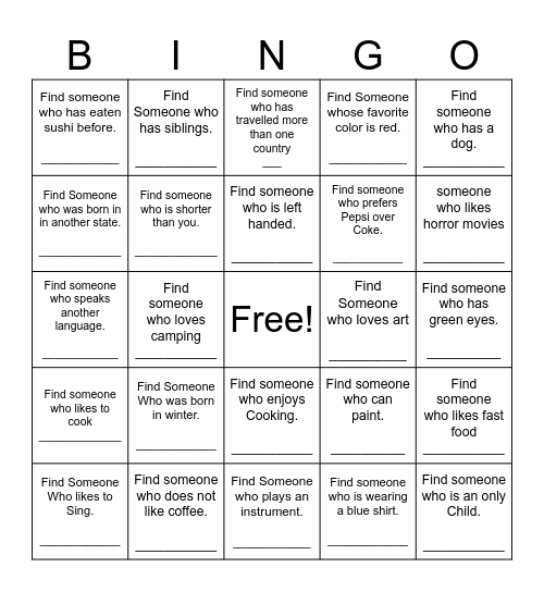 Find Someone Who Bingo Card