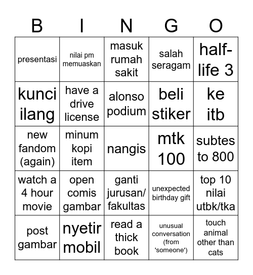 hidup (setengah 2025) Bingo Card