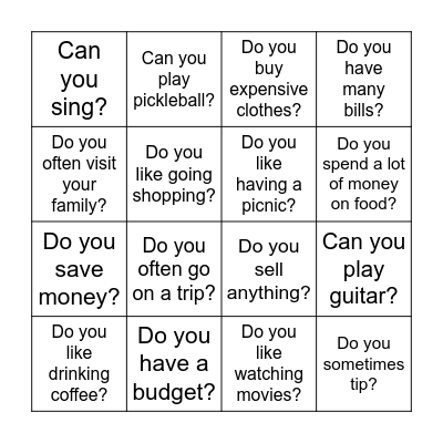 Yes/No questions Bingo Card