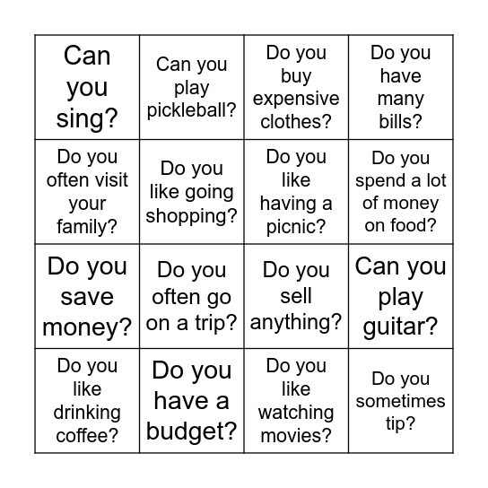 Yes/No questions Bingo Card