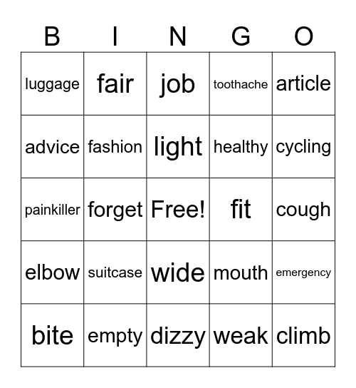 Vocabulary Revision Bingo Card