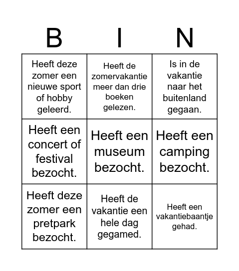 VAKANTIEBINGO Card