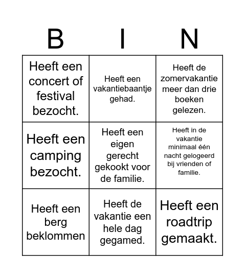 VAKANTIEBINGO Card