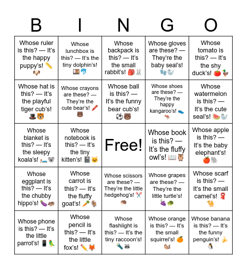 B6 L5 Whose pencil case is this? — It’s the silly monkey’s! 🎒🐵 Bingo Card