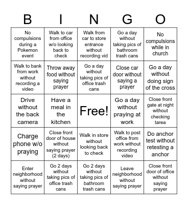 OCD exposure bingo Card