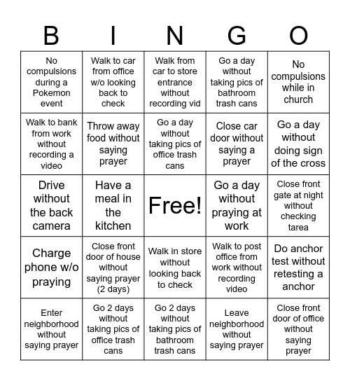 OCD exposure bingo Card