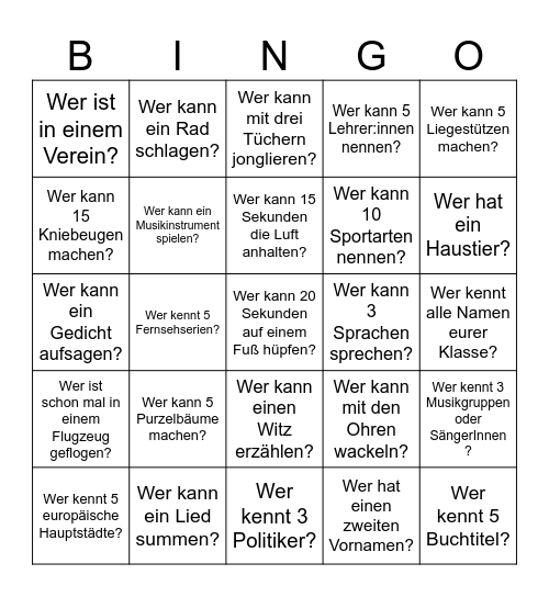 Klassenbingo Card
