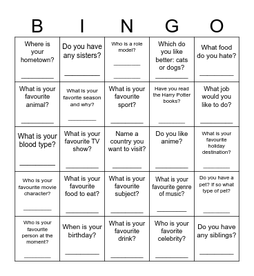 Get to know each other! Bingo Card