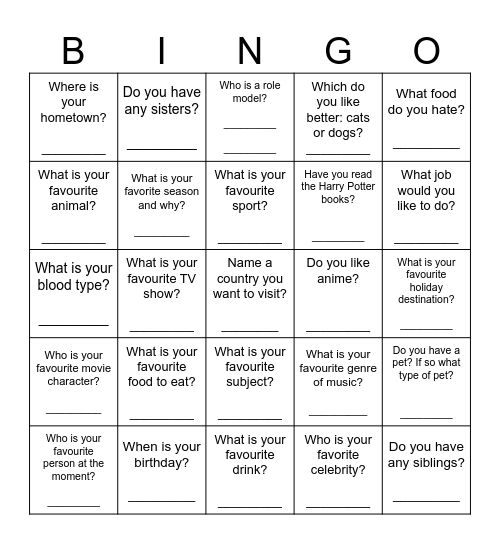 Get to know each other! Bingo Card