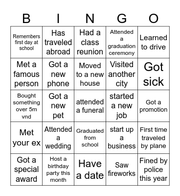 Bingo survey_Life events Bingo Card