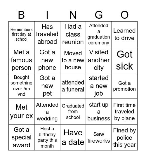 Bingo survey_Life events Bingo Card