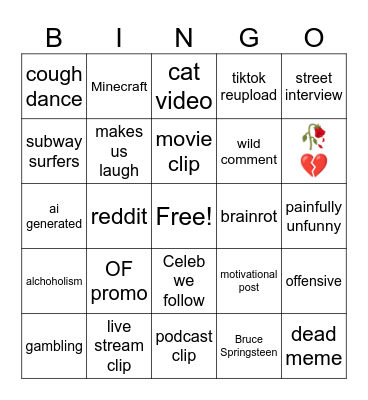Instagram Reels Bingo Card