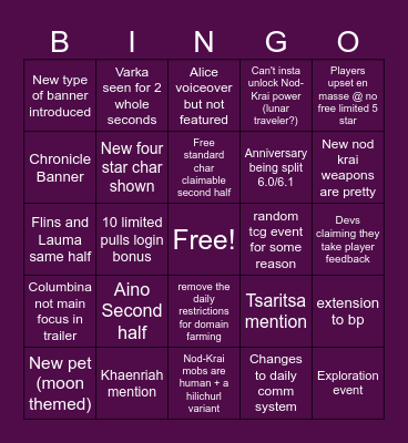 Genshin 6.0 Livestream Bingo Card