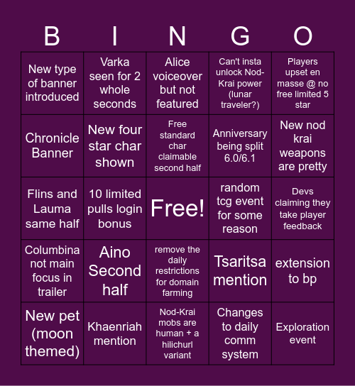 Genshin 6.0 Livestream Bingo Card