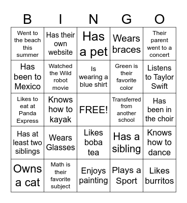 Back-to-School Bingo Card