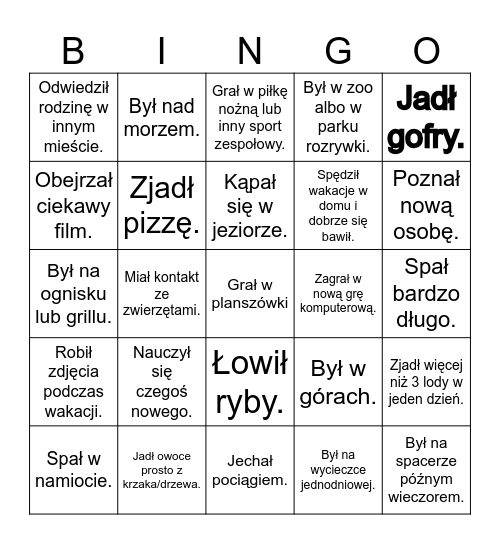 Po wakacjach Bingo Card