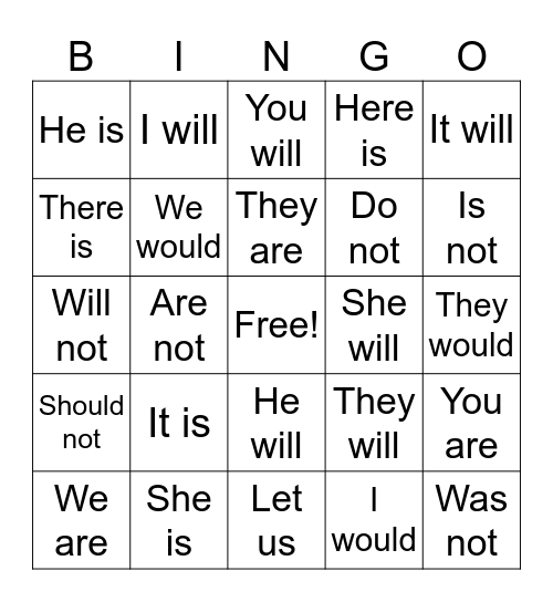 Contractions Bingo Card