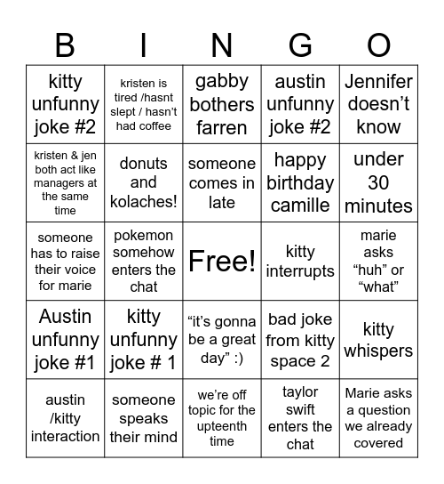 staff meeting Bingo Card