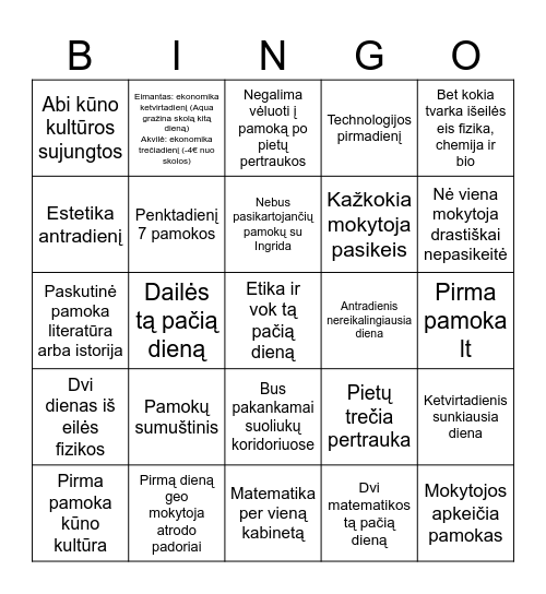 Pirmos savaitės bingo Card