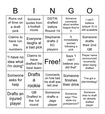 Fantasy Football Bingo Card