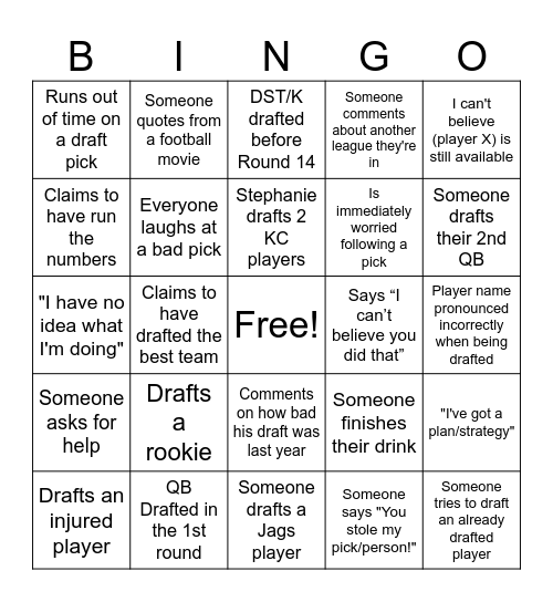 Fantasy Football Bingo Card