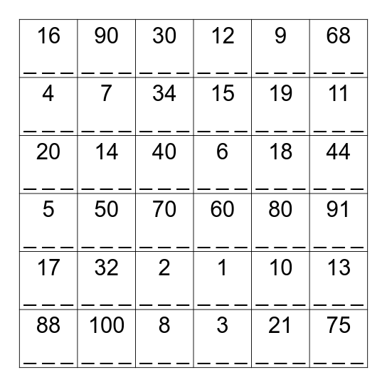 Can you spell this number? Bingo Card