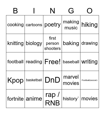 Interests Bingo Card