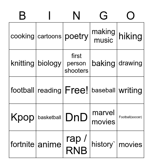 Interests Bingo Card