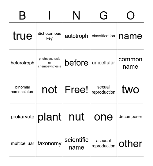 Classification Vocabulary Bingo Card