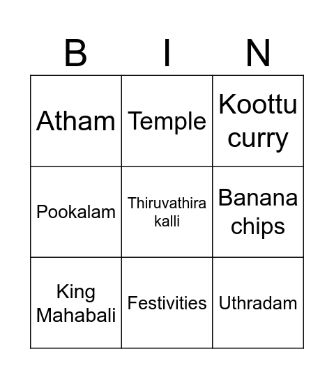 Onam Bingo Card