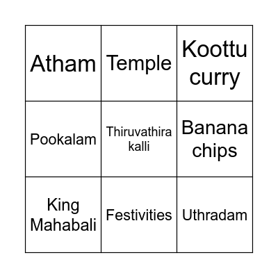 Onam Bingo Card